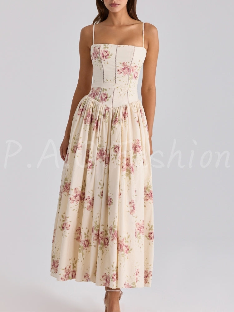 Rose Print Corset A-Line Dress