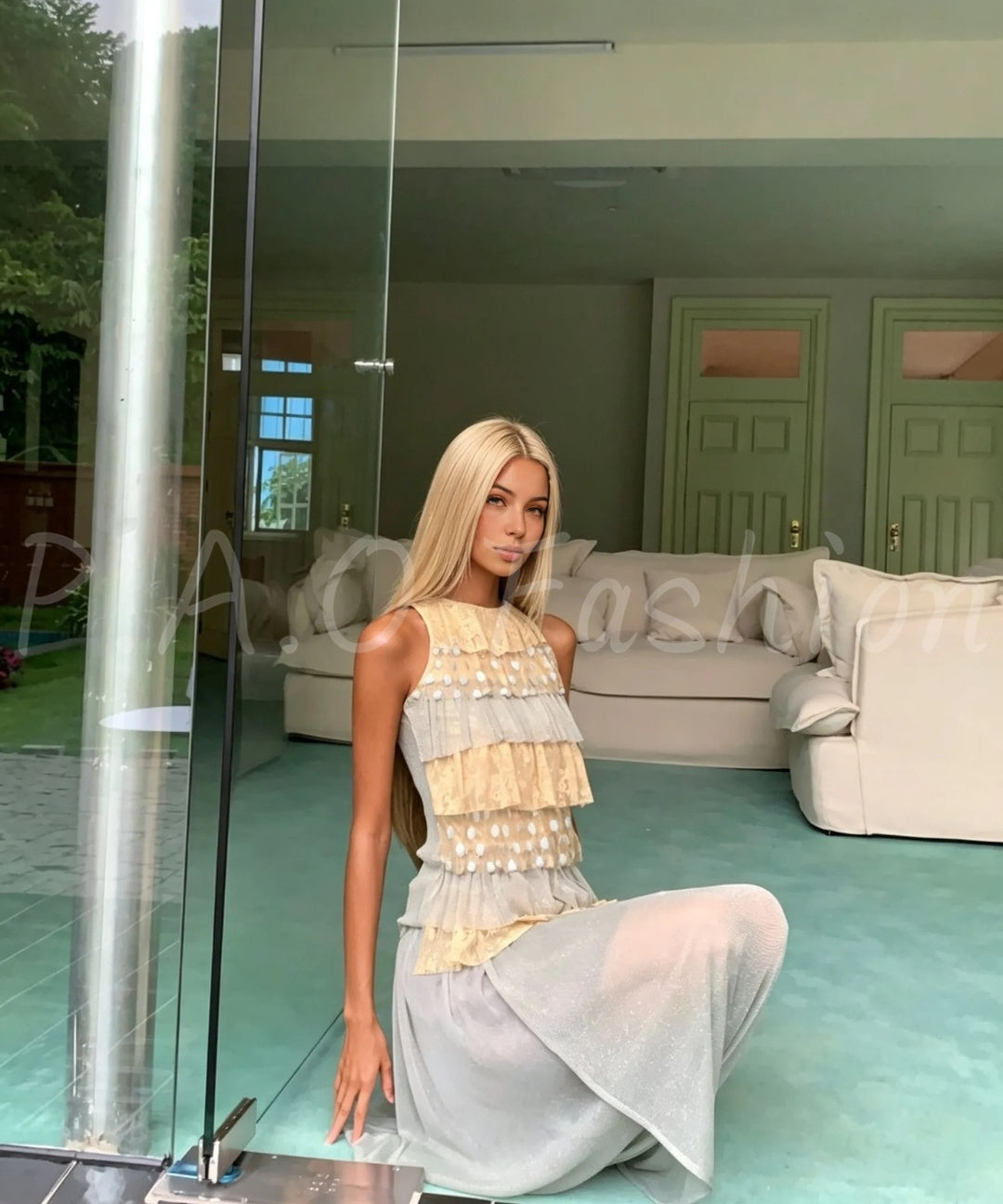 Shimmer Halter Tiered Mesh Top & Twist Mesh Midi Skirt Two-Piece Set