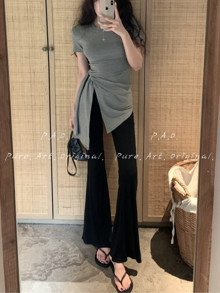 Side Ruched Tie-Up Crop Tee