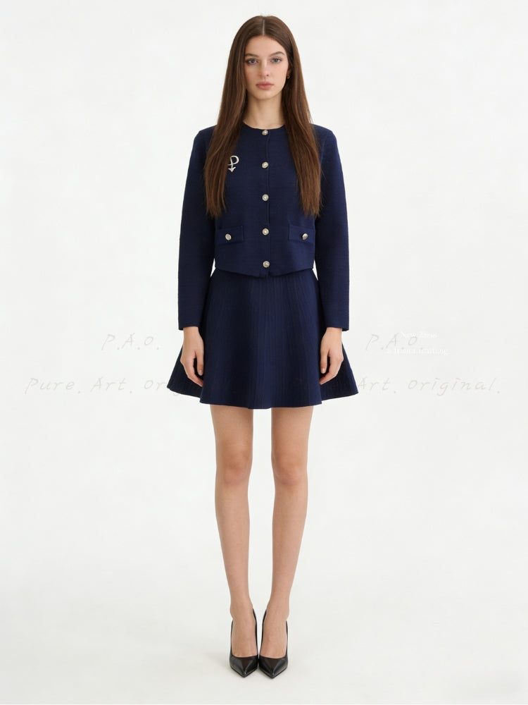 Rhinestone Brooch Jacquard Knit Cardigan & Waist-Defining Mini Skirt Two-Piece Set