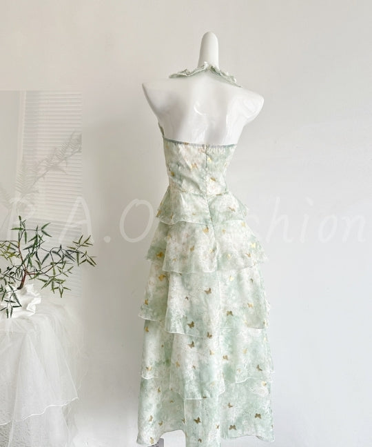 Foil Butterfly Print Halter Tiered Maxi Dress[Available Now]