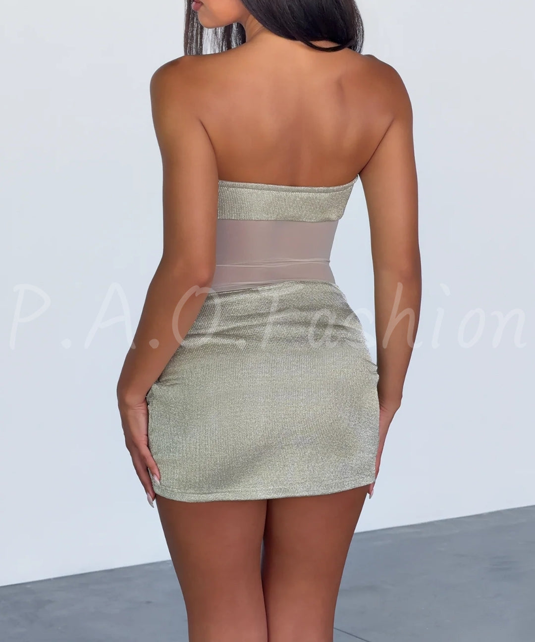 Metallic Sheer Mesh Strapless Mini Dress[Available Now]