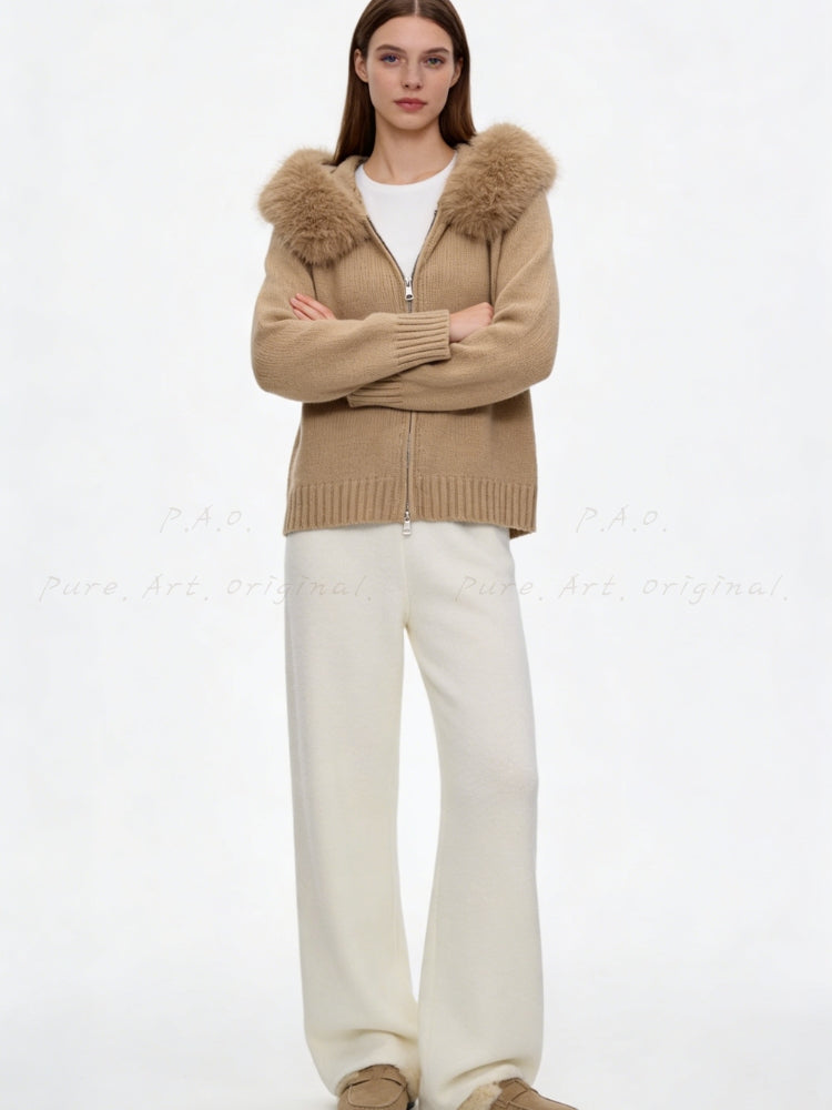 Large Faux Fox Fur Hooded Zip-Up Cardigan