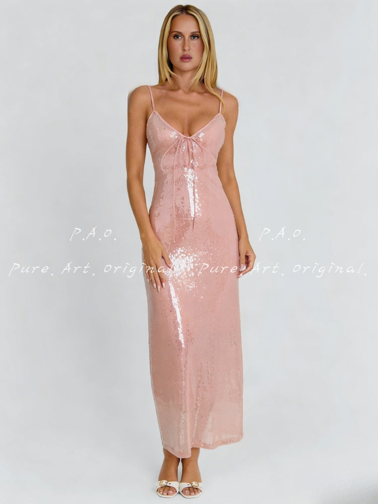 Halter Lace-Up Sequin Mermaid Maxi Dress