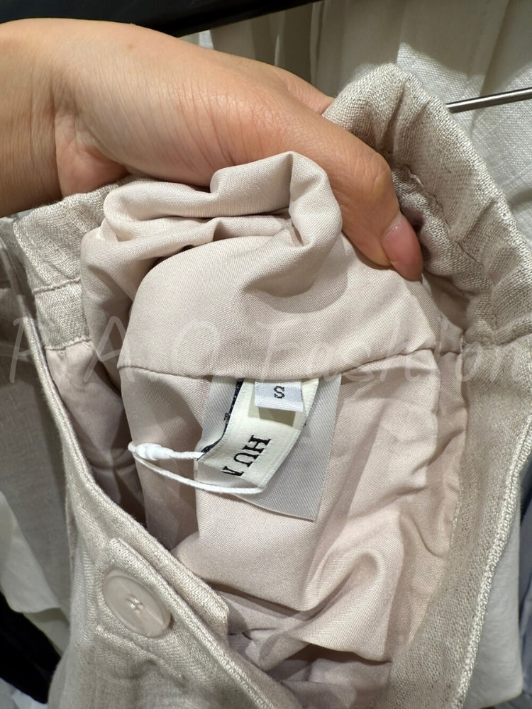 French Relaxed Linen Drawstring Wide-Leg Pants