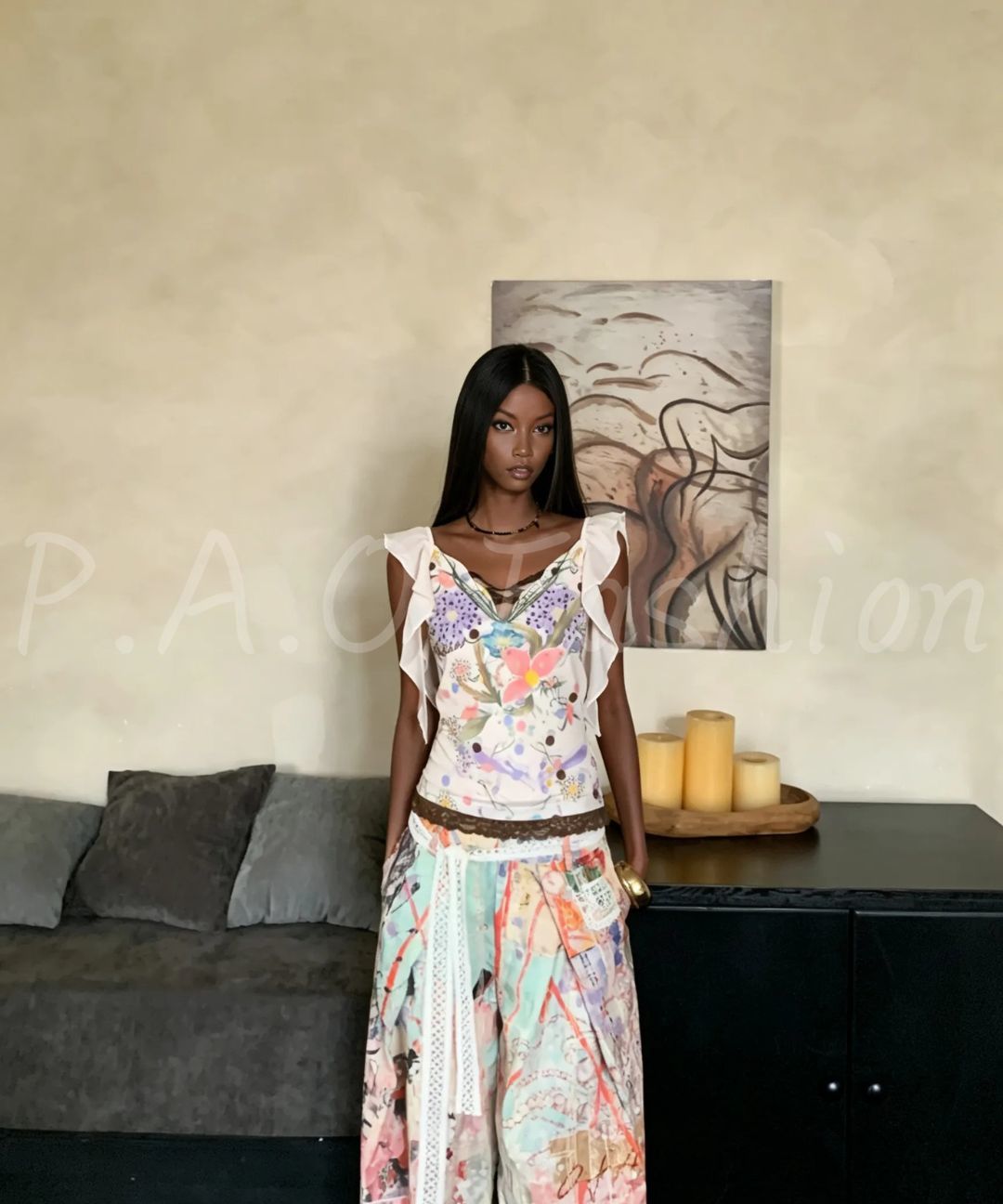 French Hand-Painted Floral Cami & Wide-Leg Pants Set