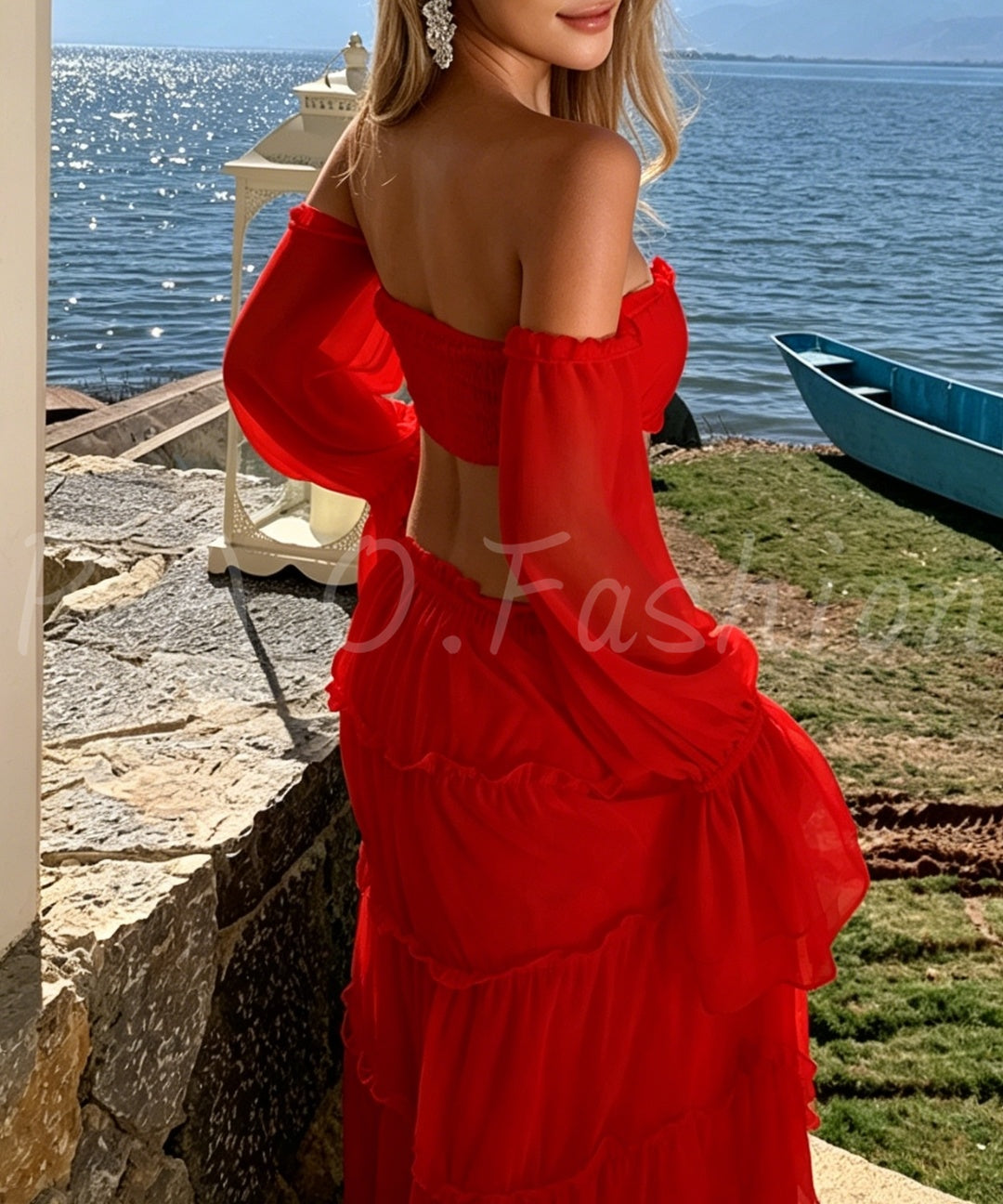 Off-Shoulder Ruffle Crop Top & Tiered Maxi Skirt Vacation Set