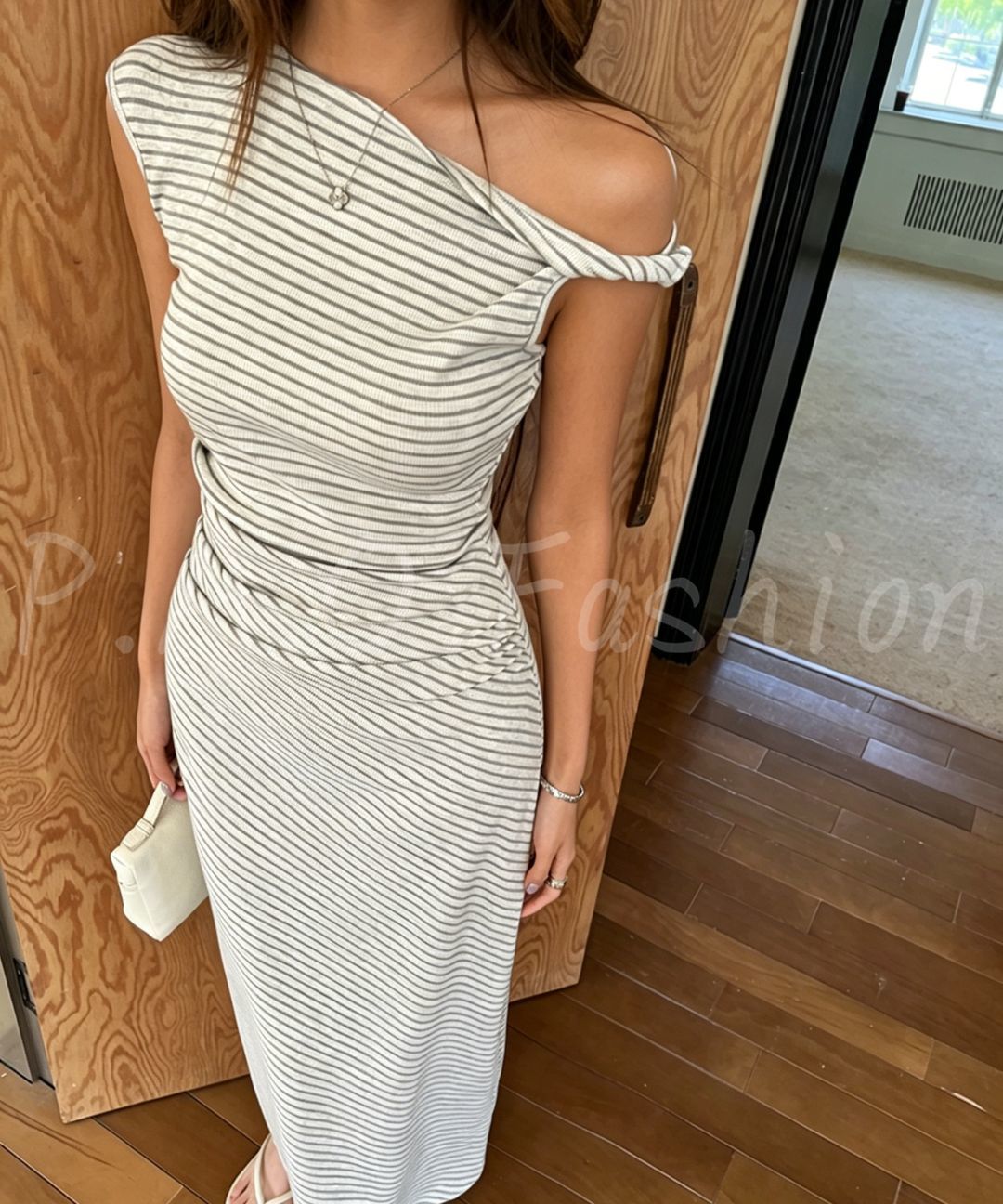 One-Shoulder Ribbed Stripe Maxi Dress
