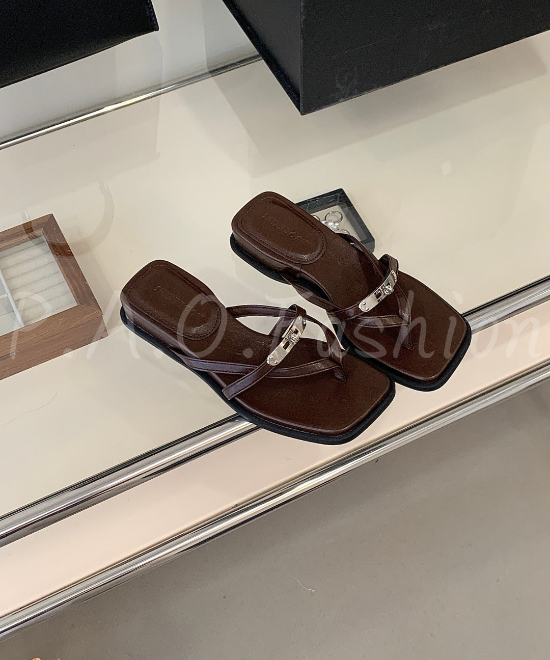 Square Toe Thong Sandals with Metal Detail