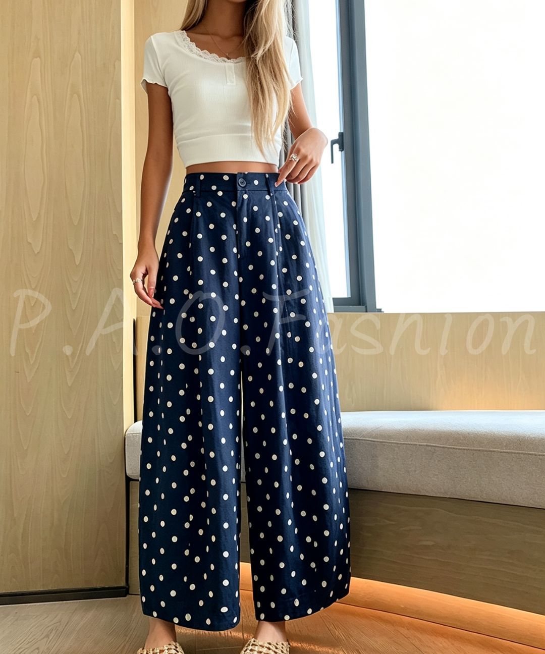 Vintage Polka Dot Linen Blend Cropped Wide-Leg Pants