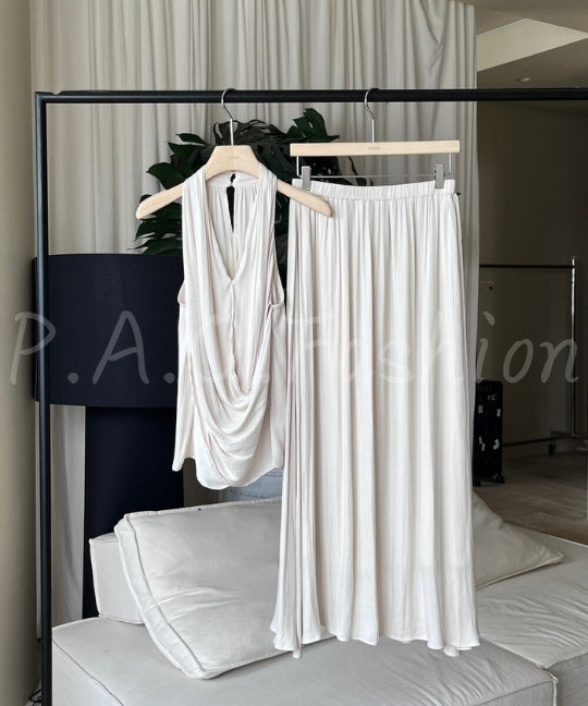 Halter Twist Top & High-Waisted Flowy Skirt Set