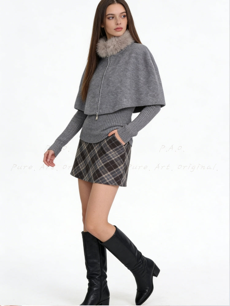 Detachable Faux Fox Fur Collar Cape Sweater Set (Multi-Way Styling)