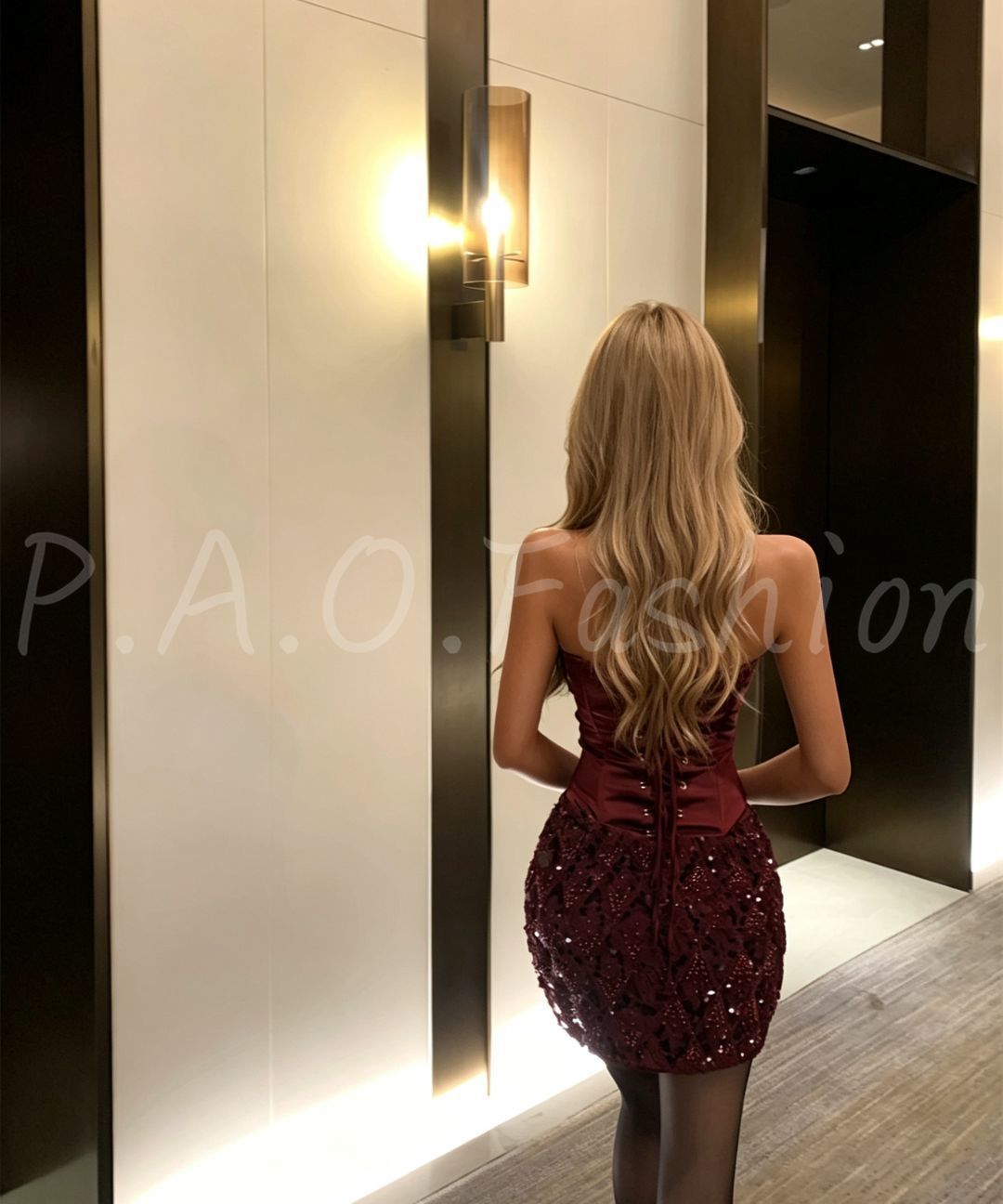 Burgundy Crystal Sequin Corset Two-Piece Mini Dress Set