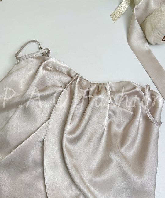 Satin Halter Scarf Top & Wide-Leg Pants Set