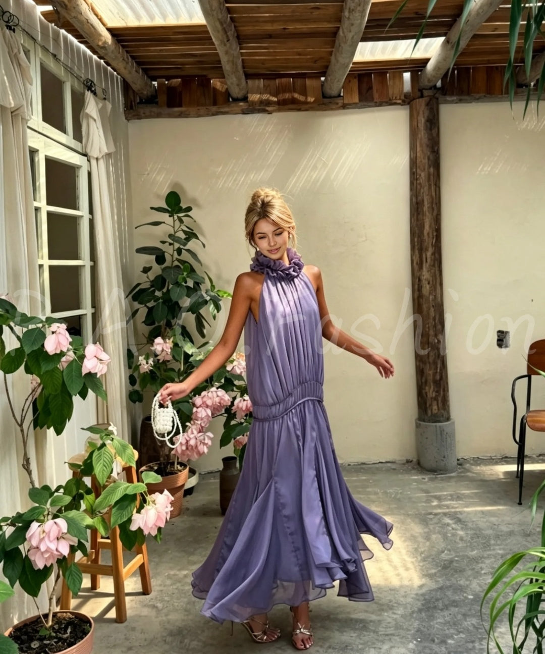 Ruffle Halter Chiffon Maxi Dress