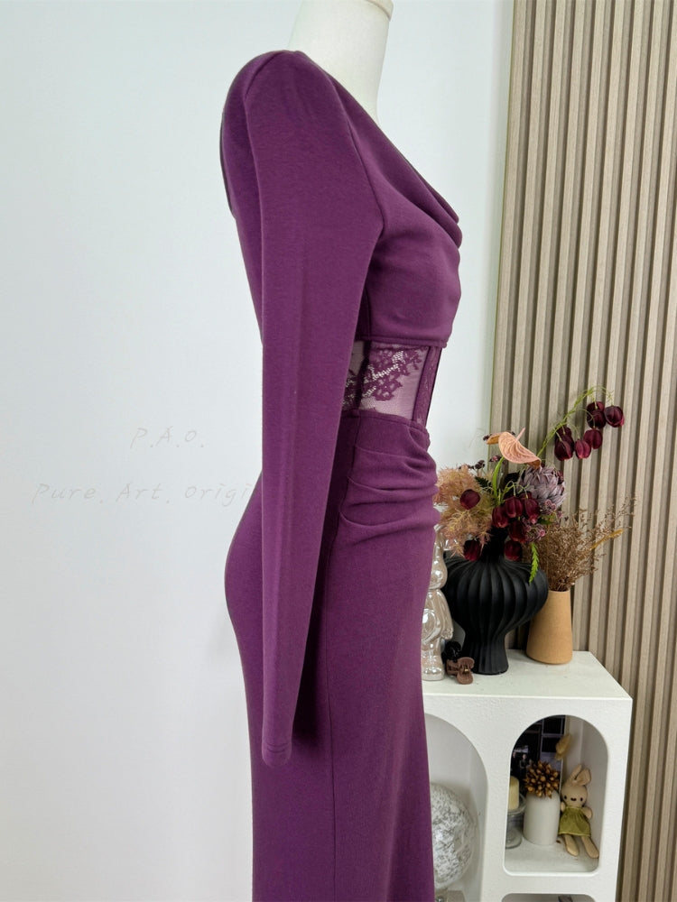 Lace Cutout Corset Detail Long Sleeve Dress