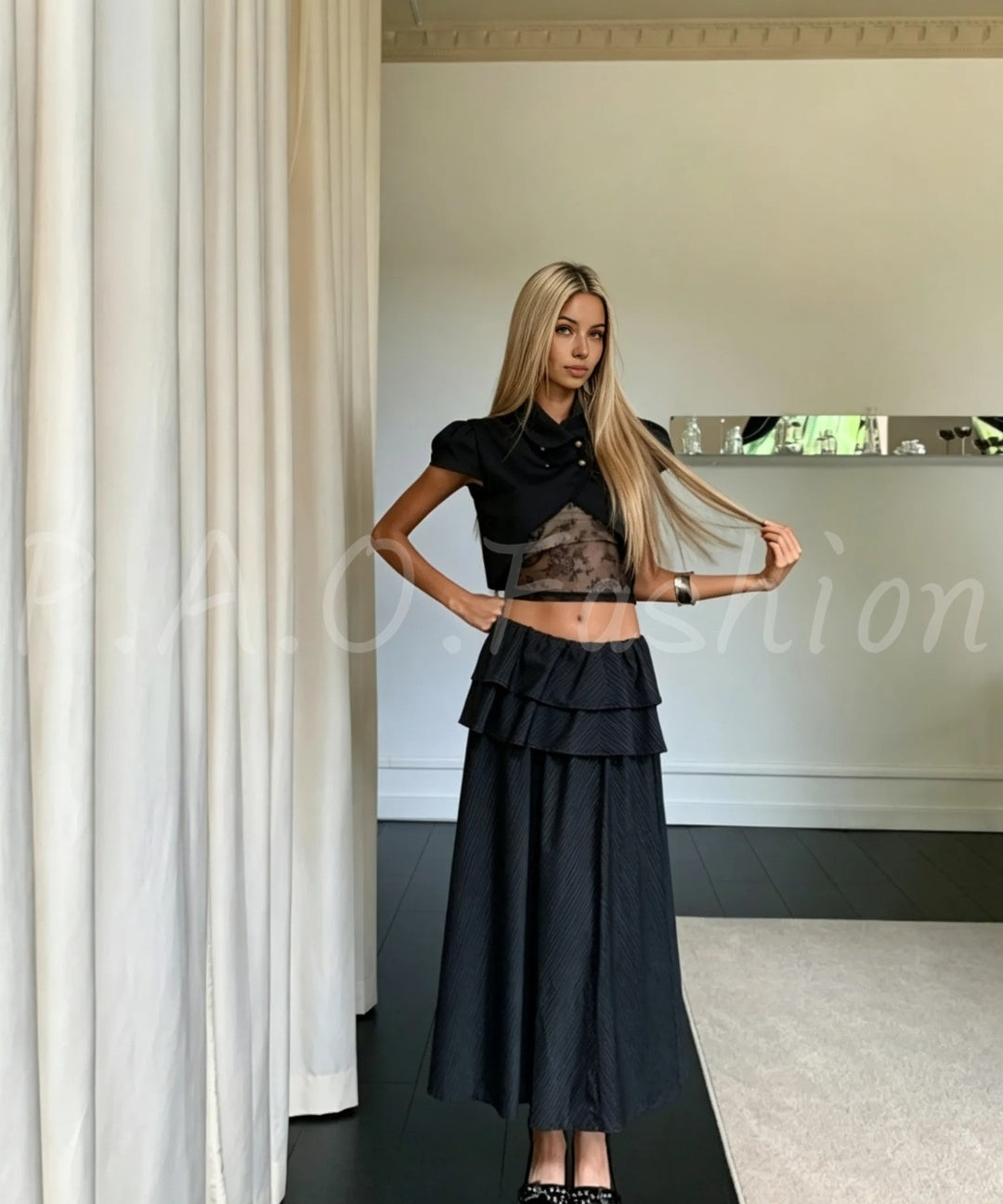 Cropped Puff Sleeve Jacket, Lace Bandeau & Tiered Maxi Skirt Three-Piece Set