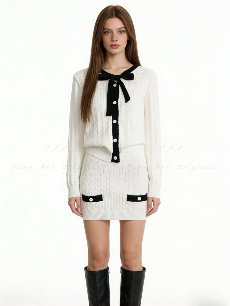 Contrast Bow Knit Cardigan & Mini Skirt Two-Piece Set