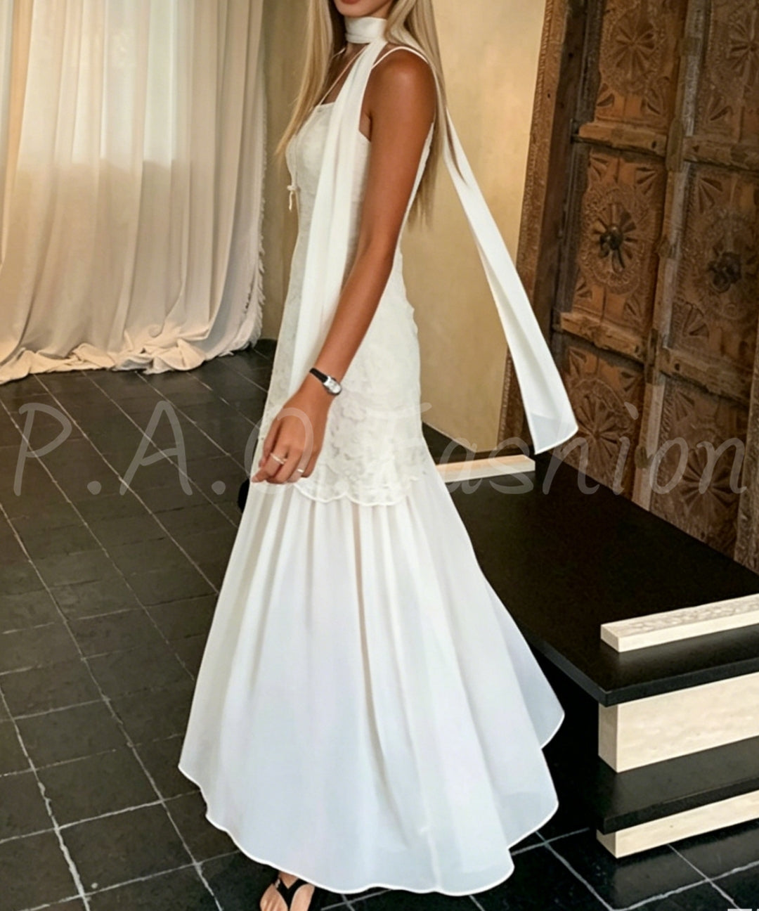 Lace Panel Slip Dress with Chiffon Scarf