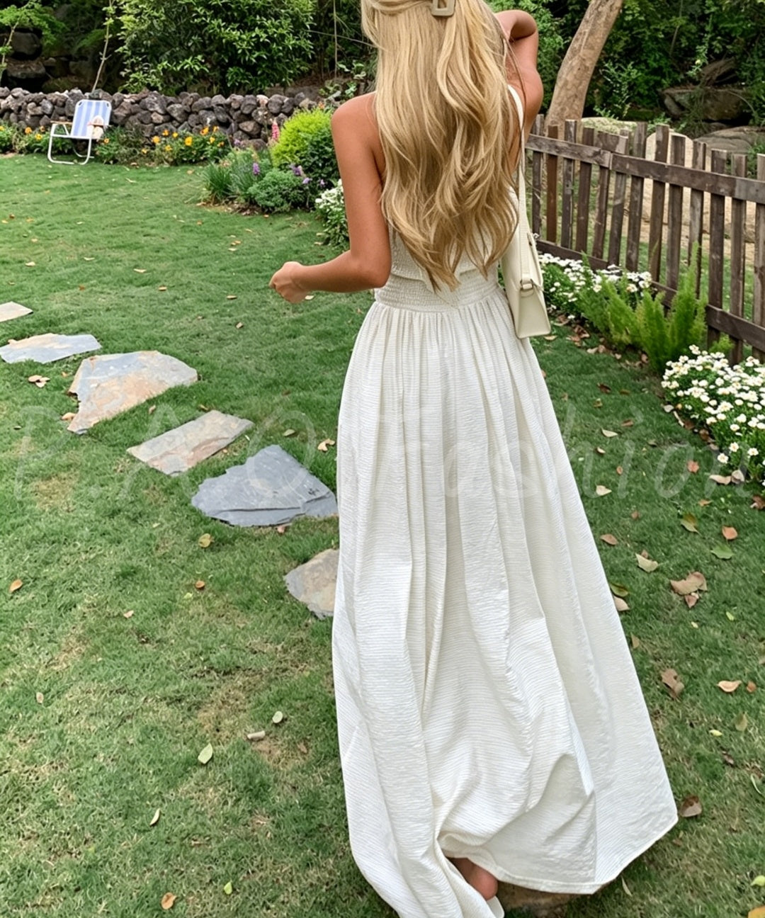 Striped Halter Backless Smocked Waist Maxi Dress