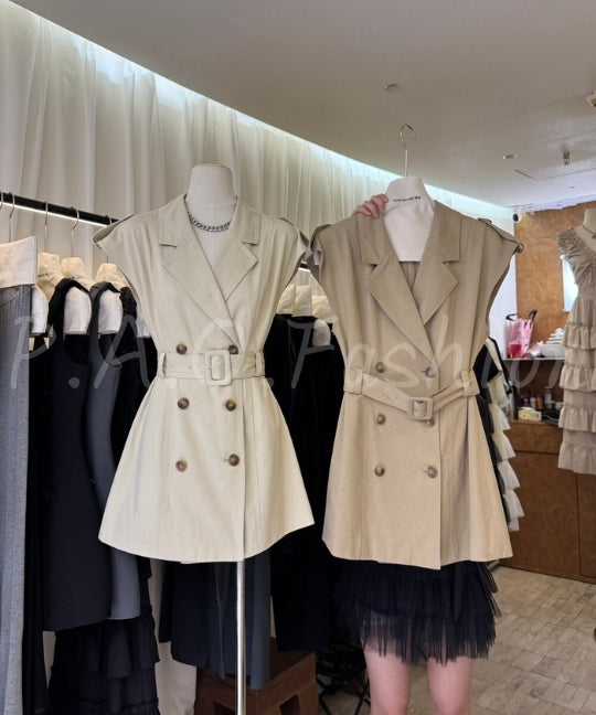 Sleeveless Double-Breasted Blazer Dress with Belt