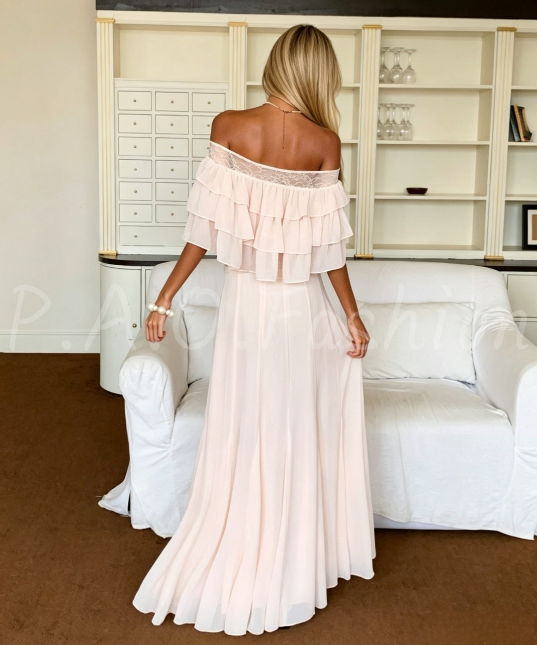 Off-Shoulder Ruffle Lace Top & Flowing Maxi Skirt Two-Piece Set