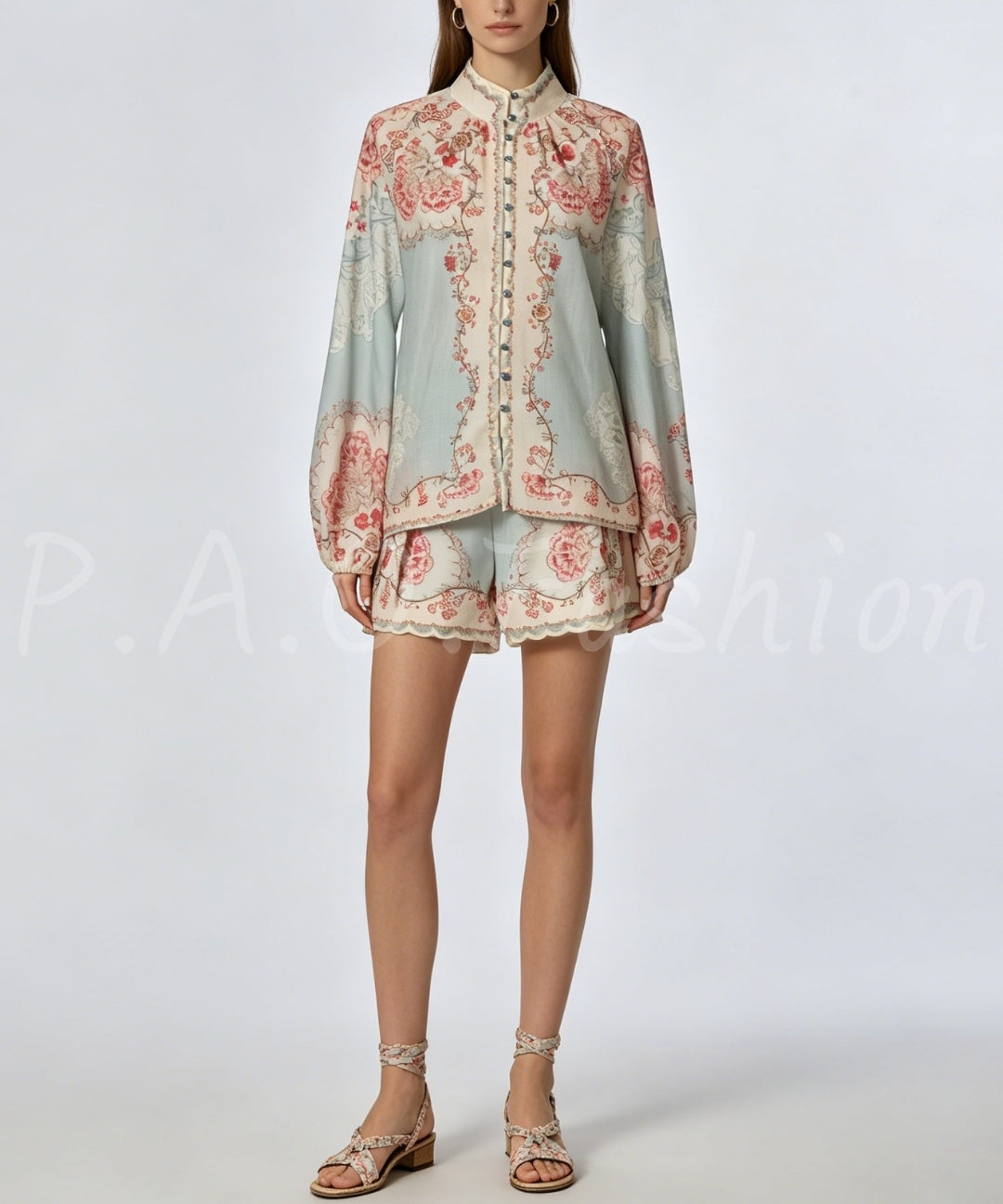Vintage Floral High Neck Shirt & Shorts Set[Available Now]