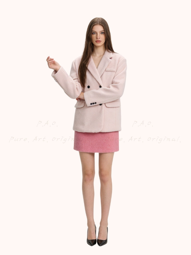 French-Inspired Pink Wool-Feel Thickened Blazer