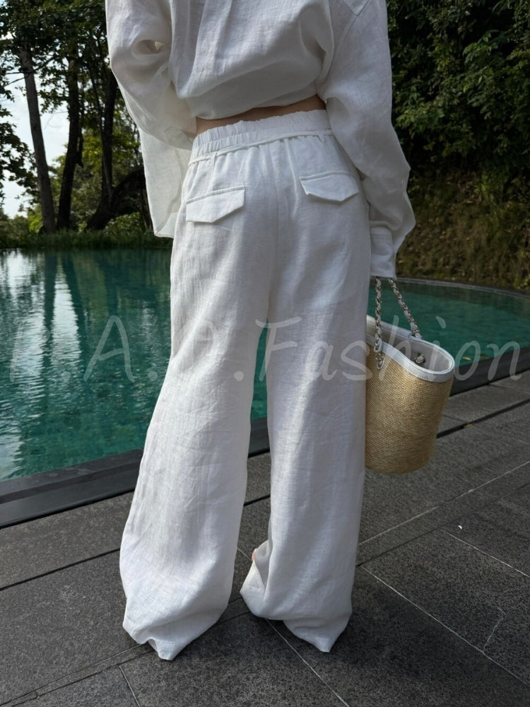 French Relaxed Linen Drawstring Wide-Leg Pants