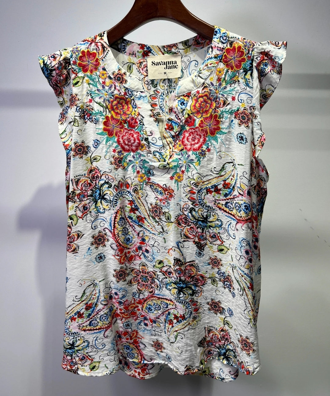 Bohemian Embroidered Paisley Ruffle Sleeveless Top