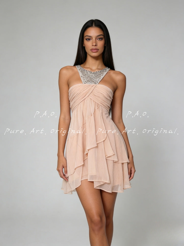 Halter Rhinestone Ruched Chiffon Dress