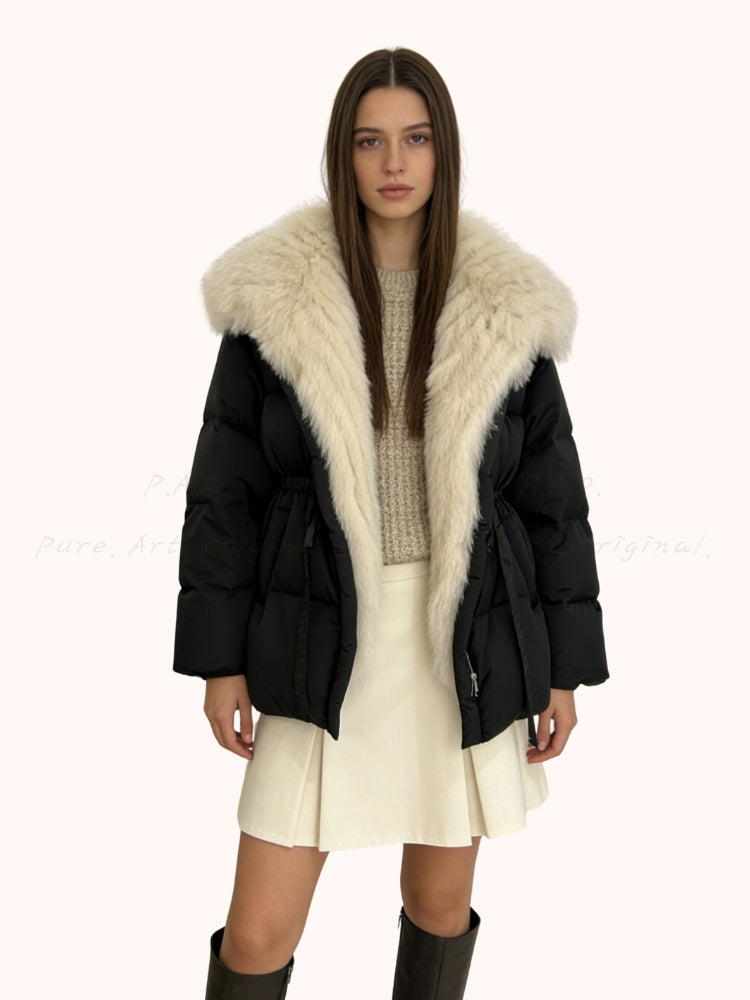 Warm Down Jacket with Turn-Down Collar & Detachable Fur Trim