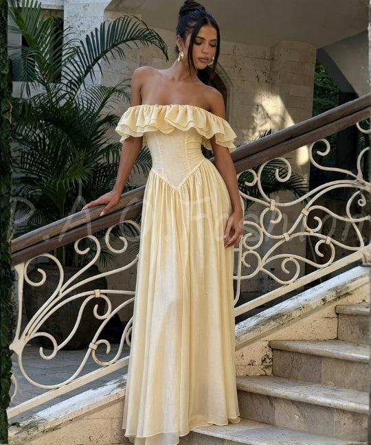 Off-Shoulder Ruffle Corset Maxi Dress