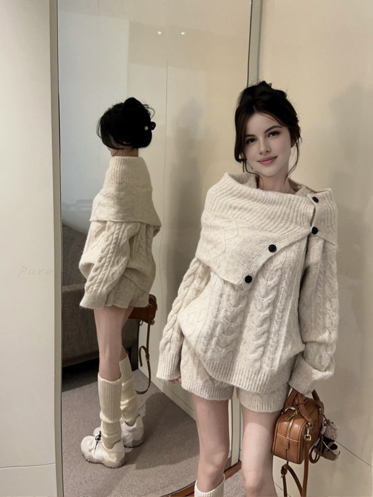 Cozy Cable-Knit Sweater, Shorts & Scarf 3-Piece Set