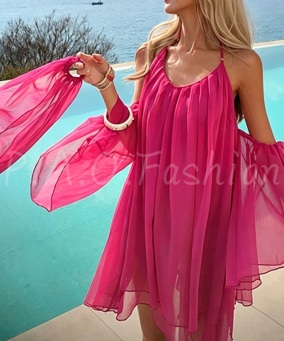 Fuchsia Halter Cutout Chiffon Resort Mini Dress