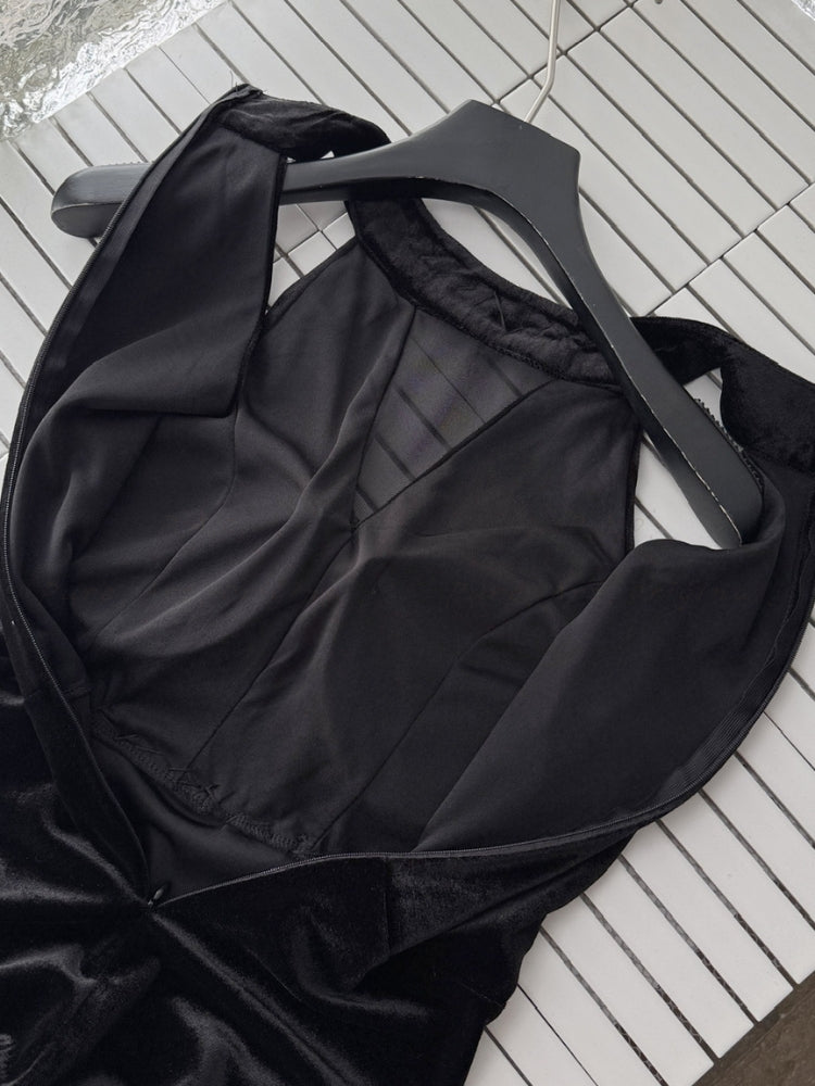 Velvet Halter V-Neck Midi Dress