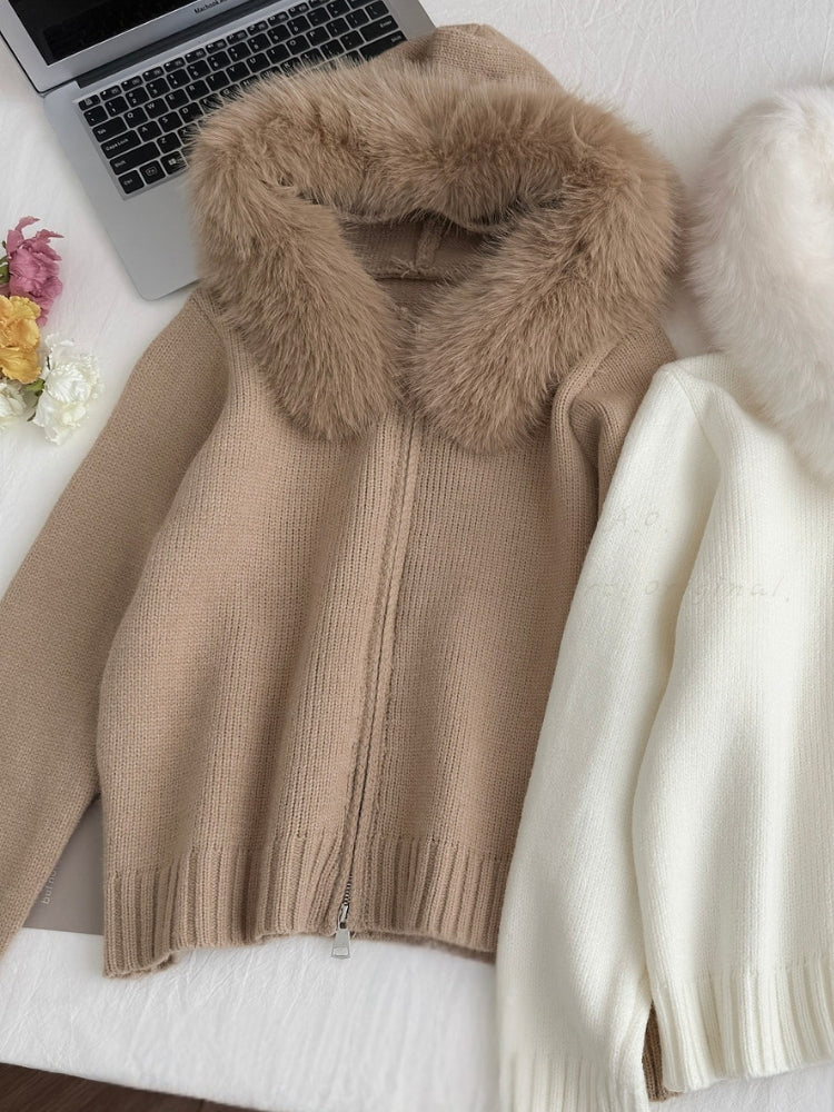Large Faux Fox Fur Hooded Zip-Up Cardigan