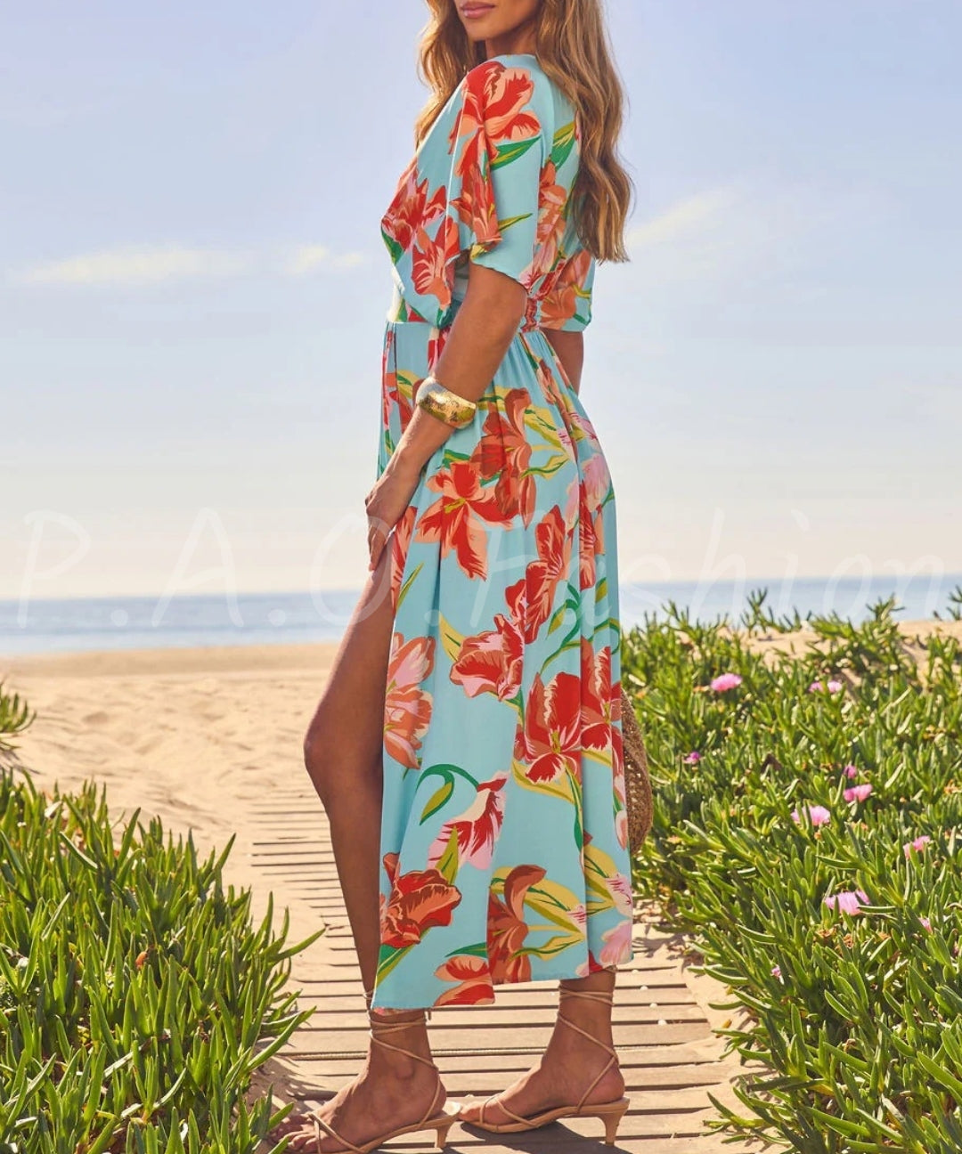 Tropical Print V-Neck Maxi Dress[Available Now]