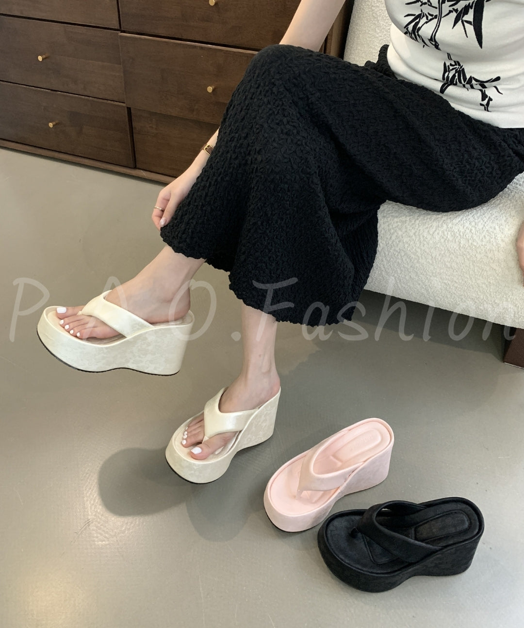 Velvet Satin 8cm Platform Wedge Thong Slides