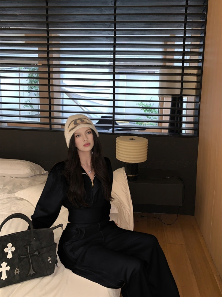 Cinched Waist Half-Zip Mock Neck Sweatshirt & Wide-Leg Pants Set