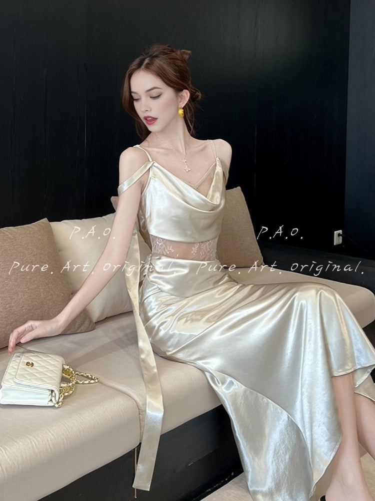 CELINE SATIN LACE MERMAID MAXI DRESS