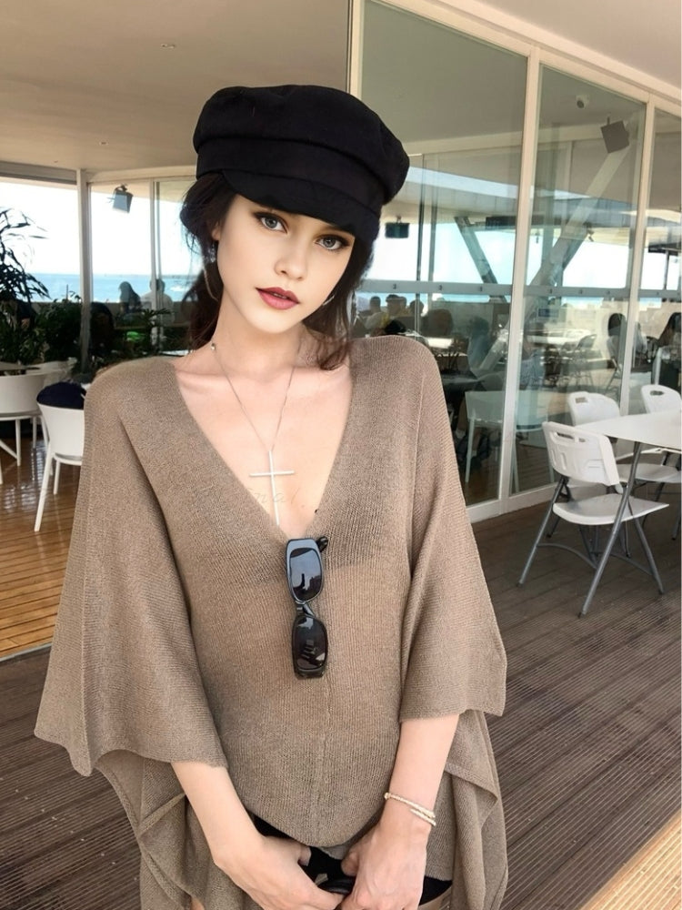 V-Neck Batwing Sleeve Cape Cover-Up