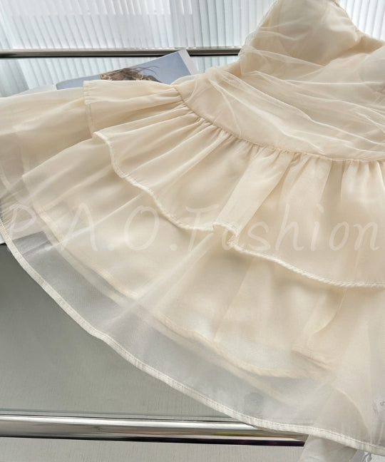 Apricot Tulle Ruched Tiered Mini Dress[Available Now]