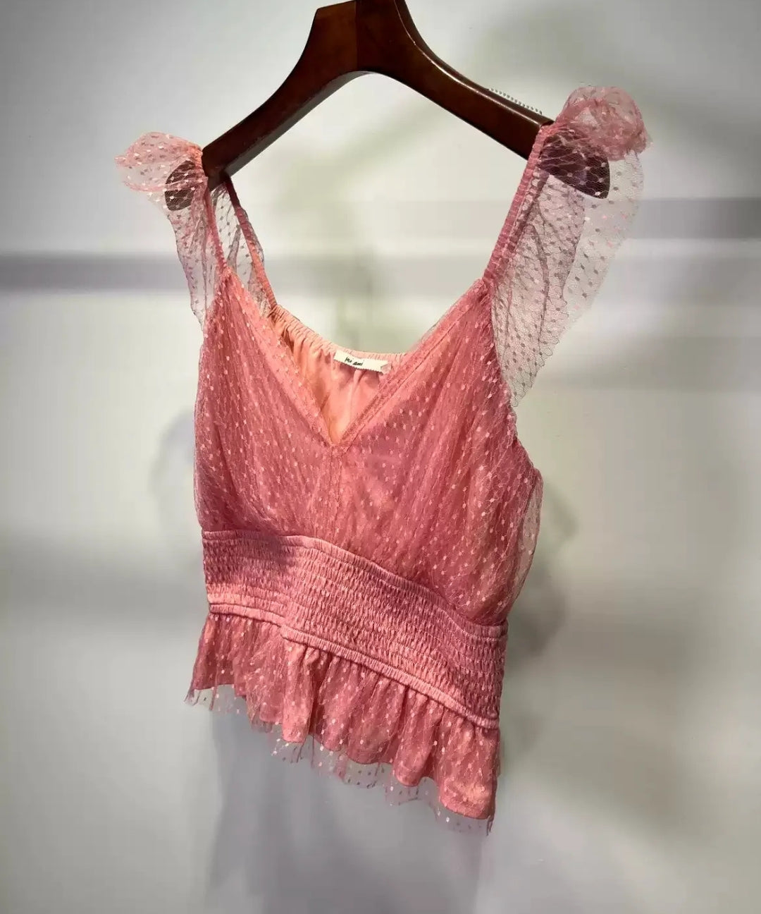 Polka Dot Mesh Ruffle Camisole Crop Top