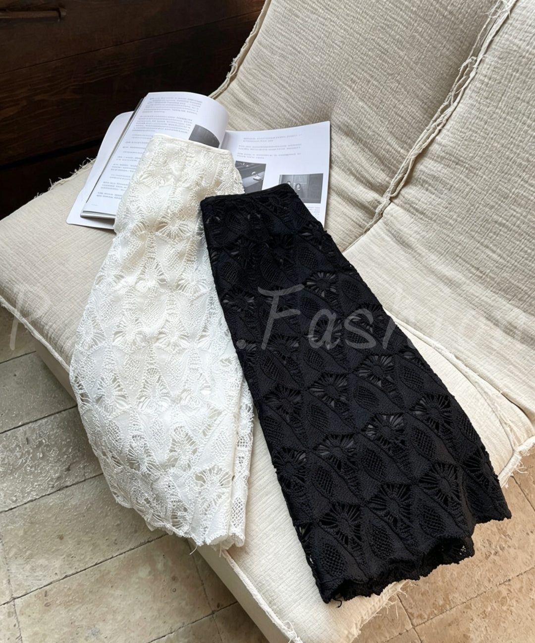 Cutwork Embroidered Lace High-Waisted Midi Skirtt[Available Now]