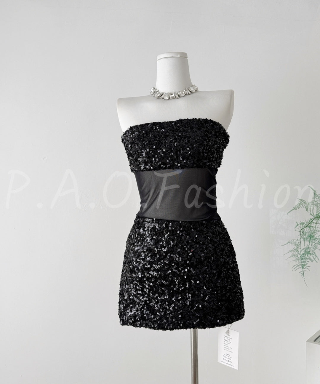 Black Sequin Mesh Panel Strapless Mini Dress[Available Now]
