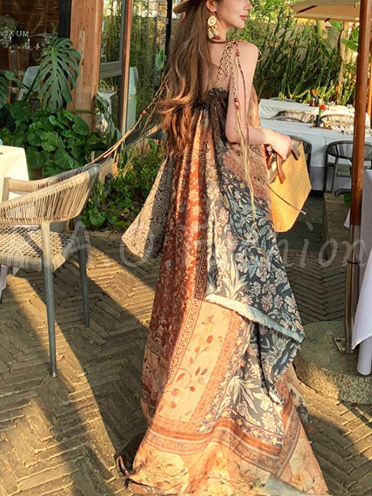 Boho Print Tassel Halter Flowy Maxi Dress