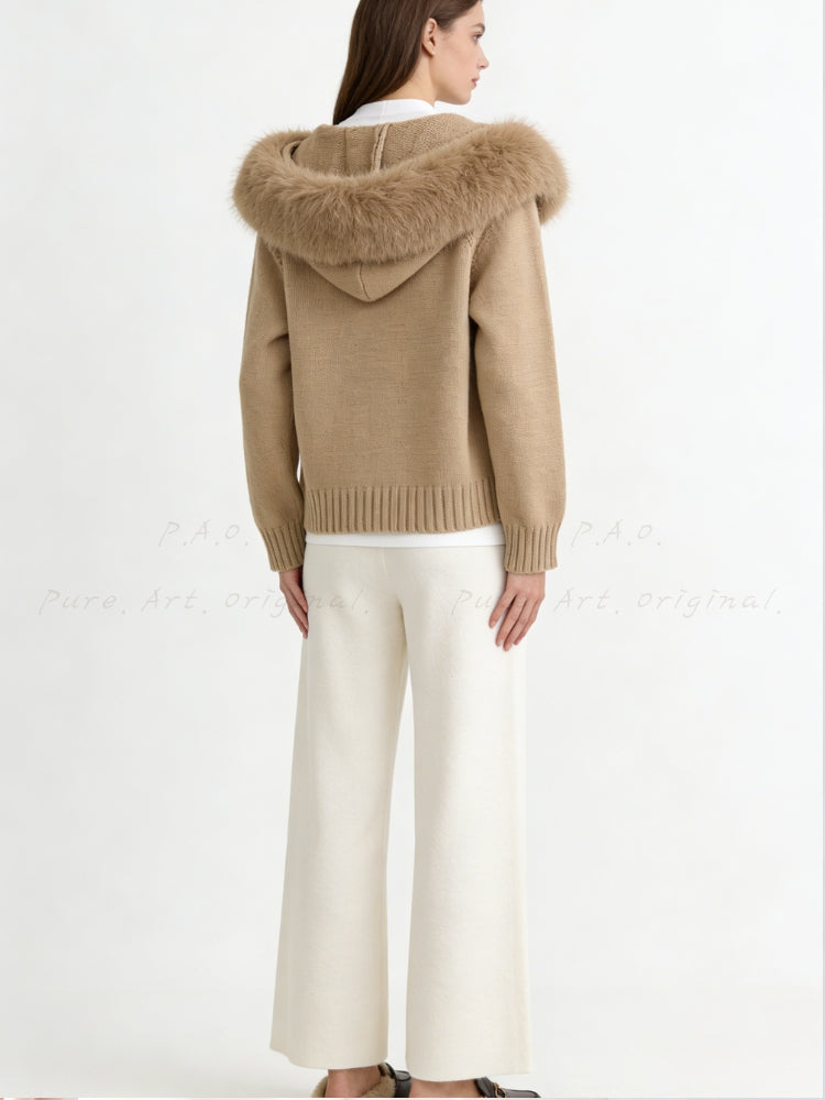 Large Faux Fox Fur Hooded Zip-Up Cardigan