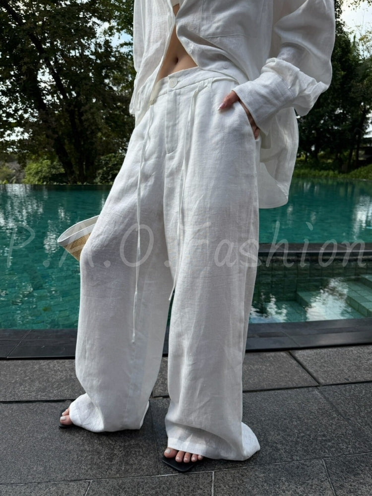 French Relaxed Linen Drawstring Wide-Leg Pants