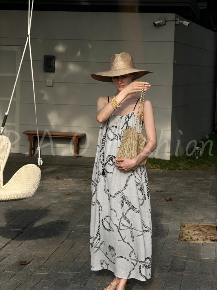 Bohemian Printed Ramie-Tencel Slip Maxi Dress